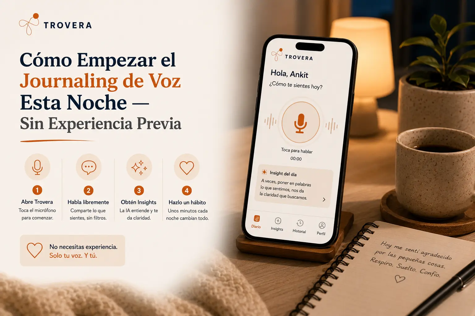 Cómo Empezar el Journaling de Voz Esta Noche — Sin Experiencia Previa (2026) — Trovera voice journaling