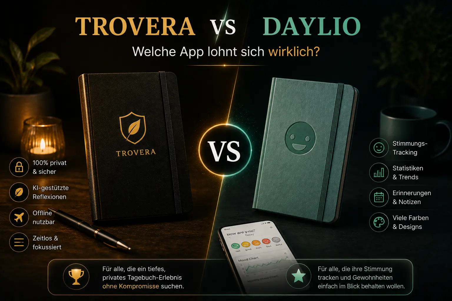 Trovera vs Daylio — Welche App lohnt sich wirklich? (2026) — Trovera voice journaling