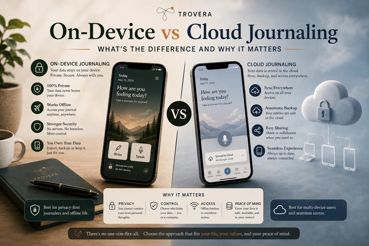 On-Device vs Cloud Journaling — What's the Difference and Why It Matters (2026) — Trovera voice journaling