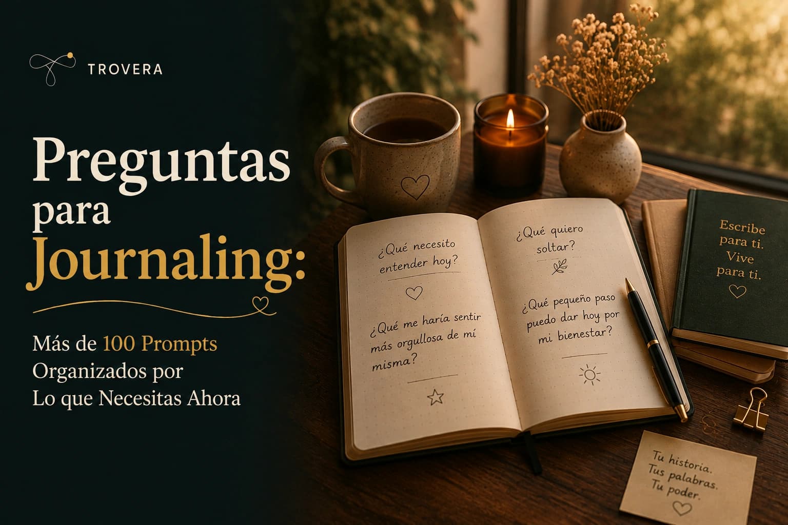 Preguntas para Journaling: Más de 100 Prompts Organizados por Lo que Necesitas Ahora — Trovera voice journaling