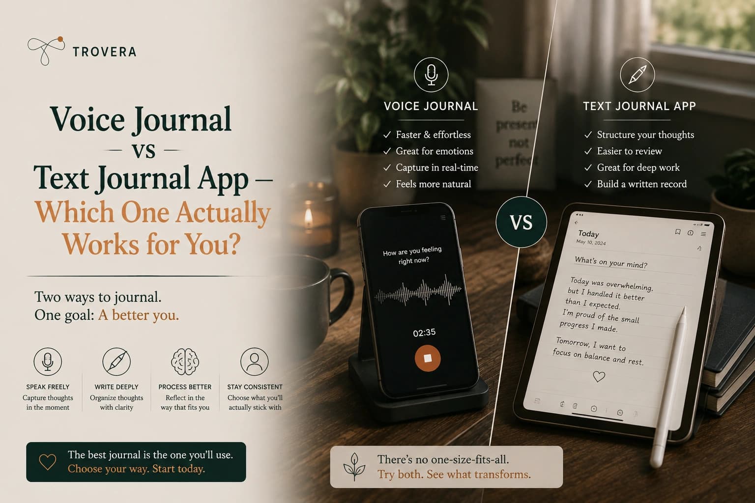 Voice Journal vs Text Journal App — Which One Actually Works for You? (2026) — Trovera voice journaling